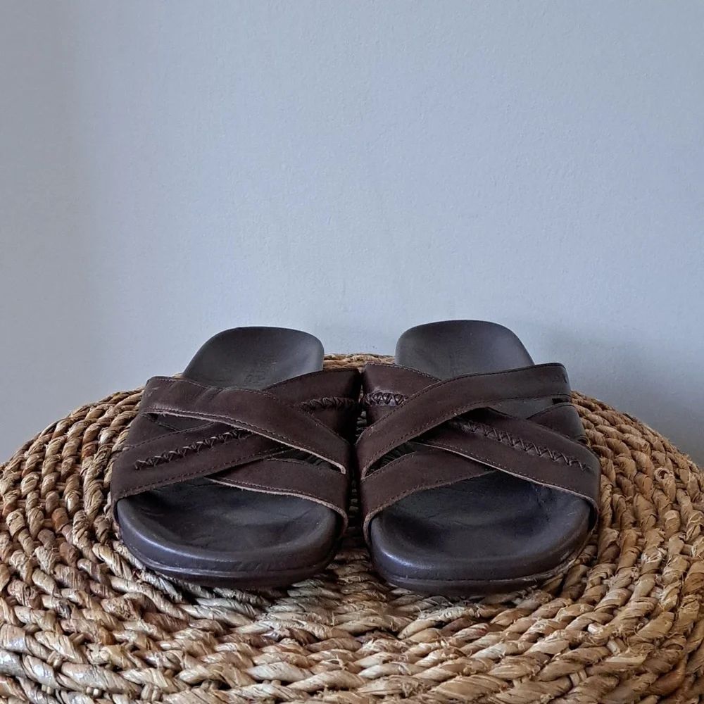 Naot Mens Anegada Pecan Brown Leather Woven Strap Casual Slide Sandals EU44/US11
